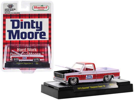 1973 Chevrolet Cheyenne Super 10 Pickup Truck White with Red Top and Red Plaid Stripe "Dinty Moore" Limited Edition to 9350 pieces Worldwide 1/64 Diecast Model Car by M2 Machines