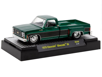 1978 Chevrolet Silverado 30 Pickup Truck Green Metallic and Black Limited Edition to 10076 pieces Worldwide 1/64 Diecast Model Car by M2 Machines