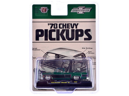 1978 Chevrolet Silverado 30 Pickup Truck Green Metallic and Black Limited Edition to 10076 pieces Worldwide 1/64 Diecast Model Car by M2 Machines