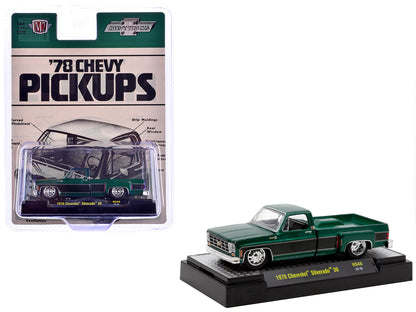 1978 Chevrolet Silverado 30 Pickup Truck Green Metallic and Black Limited Edition to 10076 pieces Worldwide 1/64 Diecast Model Car by M2 Machines