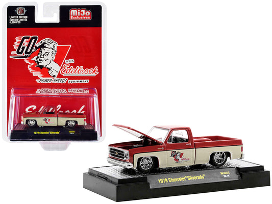 1979 Chevrolet Silverado Pickup Truck Red and Tan "Go with Edelbrock" Limited Edition to 6600 pieces Worldwide 1/64 Diecast Model Car by M2 Machines