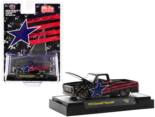 1979 Chevrolet Silverado Pickup Truck Black with Stars and Stripes Graphics Limited Edition to 6000 pieces Worldwide 1/64 Diecast Model Car by M2 Machines