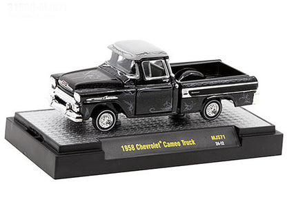 1958 Chevrolet Cameo Pickup Truck Black Metallic with Graphics and Gray Top "Lowriders" Limited Edition to 5500 pieces Worldwide 1/64 Diecast Model Car by M2 Machines