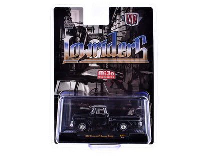 1958 Chevrolet Cameo Pickup Truck Black Metallic with Graphics and Gray Top "Lowriders" Limited Edition to 5500 pieces Worldwide 1/64 Diecast Model Car by M2 Machines