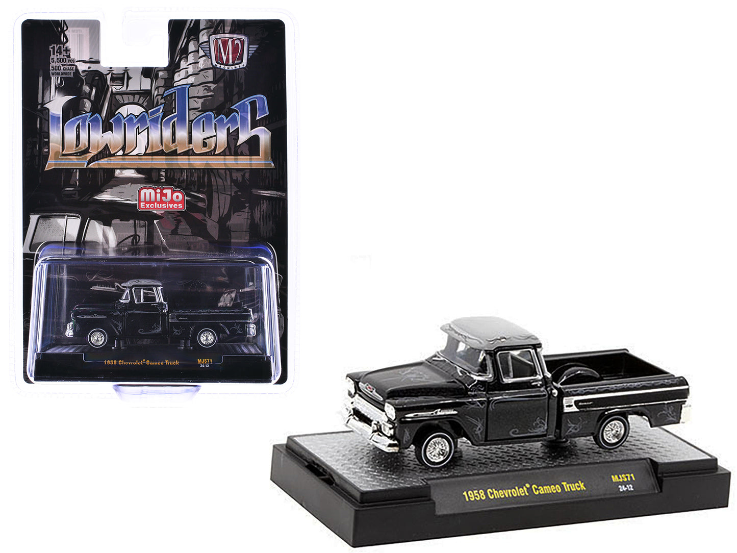 1958 Chevrolet Cameo Pickup Truck Black Metallic with Graphics and Gray Top "Lowriders" Limited Edition to 5500 pieces Worldwide 1/64 Diecast Model Car by M2 Machines