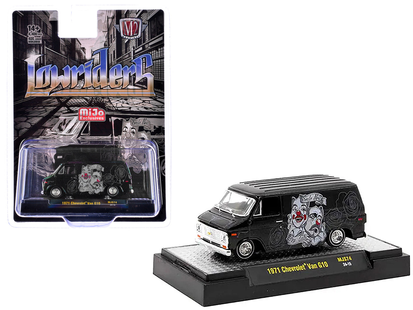 1971 Chevrolet G10 Van Black Metallic with Graphics "Lowriders" Limited Edition to 4400 pieces Worldwide 1/64 Diecast Model Car by M2 Machines