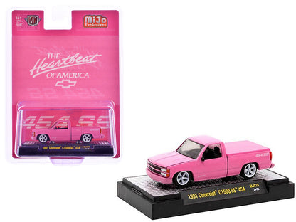 1991 Chevrolet C1500 SS 454 Pickup Truck Pink "The Heartbeat of America" Limited Edition to 9900 pieces Worldwide 1/64 Diecast Model Car by M2 Machines