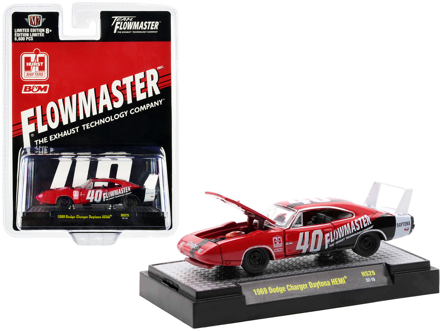 1969 Dodge Charger Daytona HEMI #40 Red with Graphics "Flowmaster" Limited Edition to 6600 pieces Worldwide 1/64 Diecast Model Car by M2 Machines