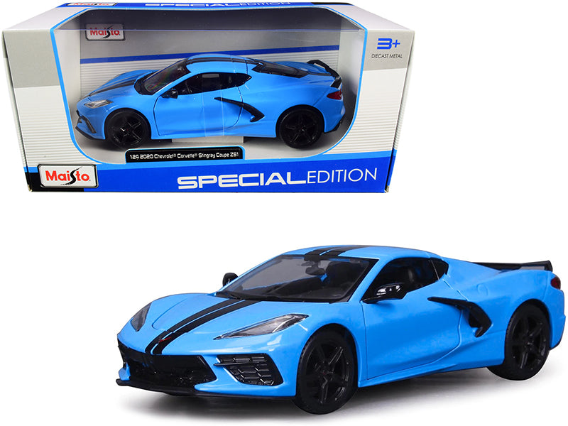 2020 Chevrolet Corvette Stingray Z51 Coupe Blue with Black Stripes 1/24 Diecast Model Car by Maisto