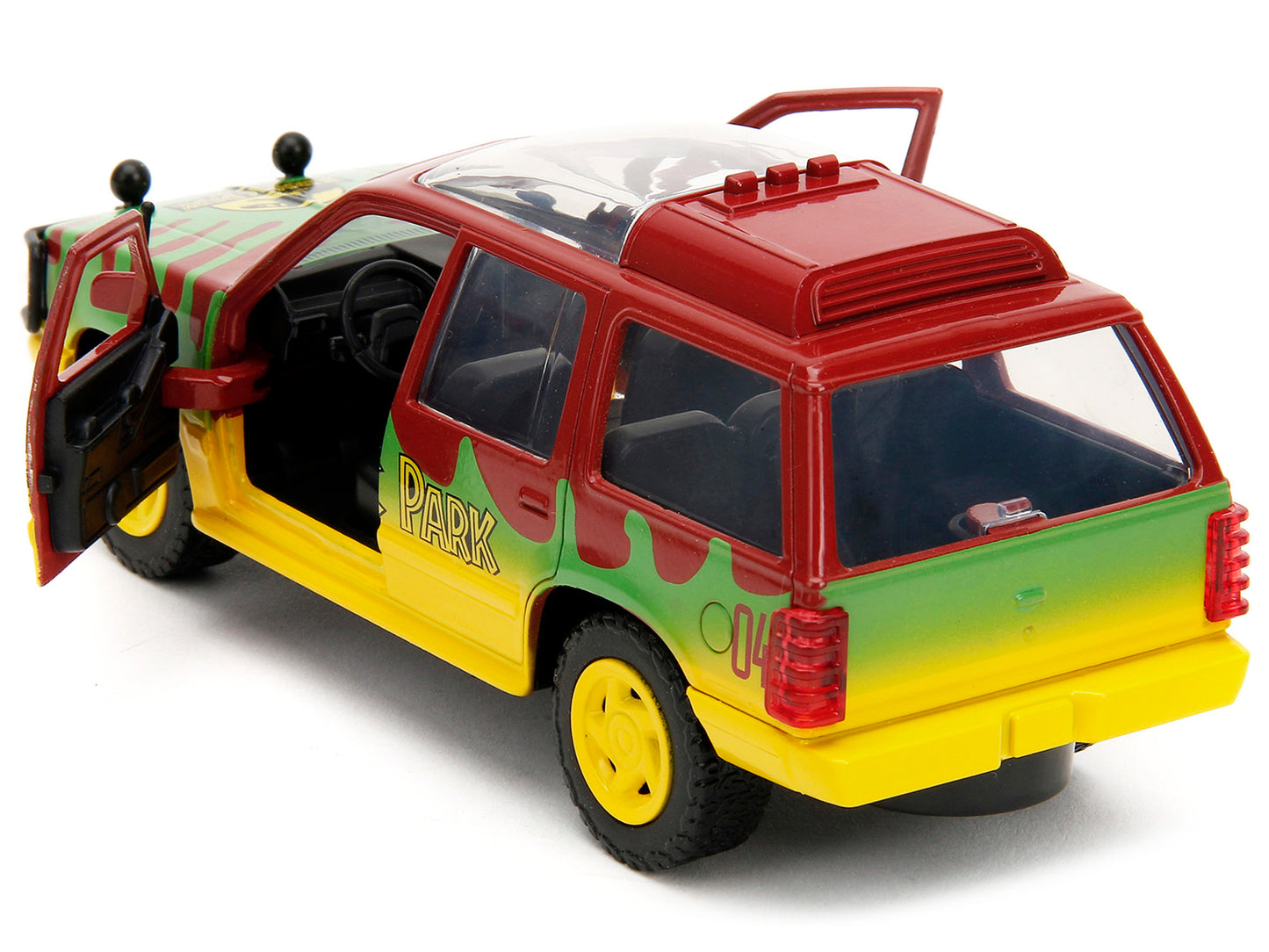 Ford Explorer Red and Yellow with Green Graphics "Jurassic Park" (1993) Movie 30th Anniversary "Hollywood Rides" Series 1/32 Diecast Model Car by Jada