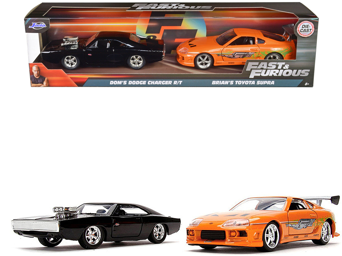 Dom's Dodge Charger R/T Black and Brian's Toyota Supra Orange Set of 2 pieces "Fast & Furious" Series 1/32 Diecast Model Cars by Jada