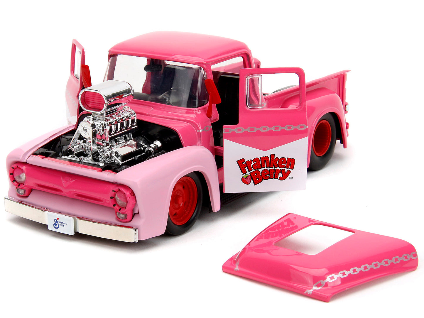 1956 Ford F-100 Pickup Truck Pink with Graphics and Franken Berry Diecast Figure "Franken Berry" "Hollywood Rides" Series 1/24 Diecast Model Car by Jada