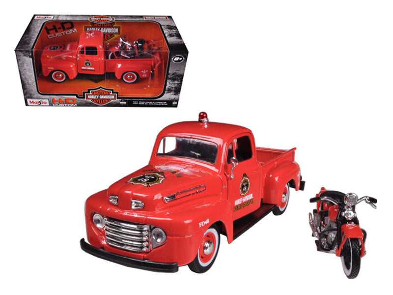 1948 Ford F-1 Pickup Truck "Harley Davidson" Fire Truck and 1936 El Knucklehead Motorcycle 1/24 Diecast Models by Maisto