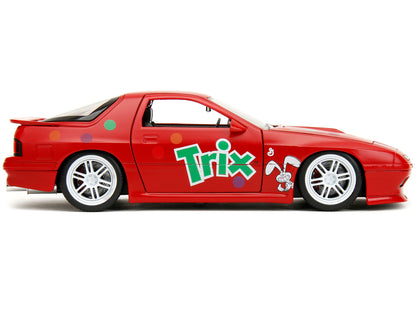 1985 Mazda RX-7 RHD (Right Hand Drive) Red with Graphics and Trix Rabbit Diecast Figure "Trix Cereal" "Hollywood Rides" Series 1/24 Diecast Model Car by Jada