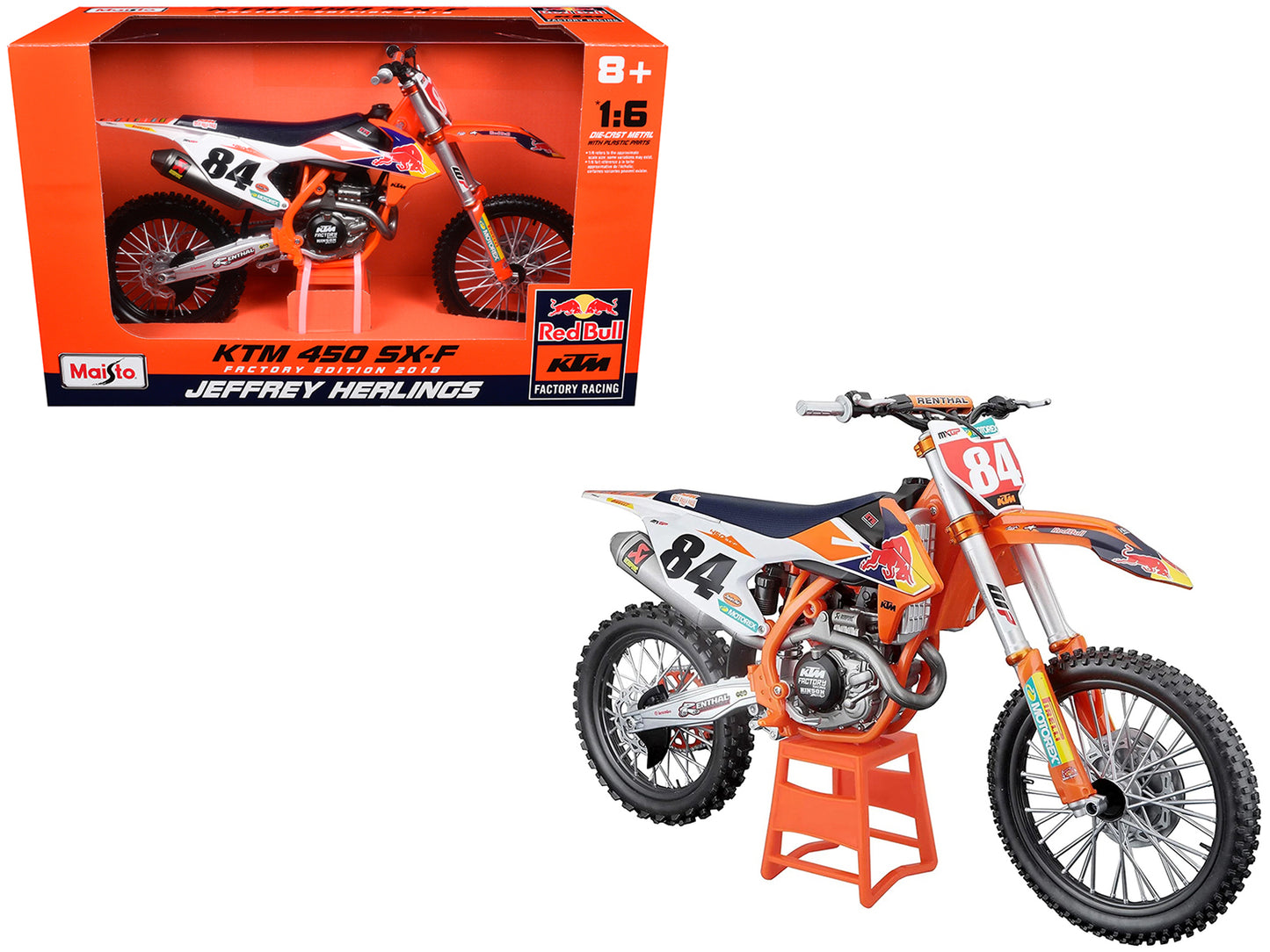 KTM 450 SX-F #84 Jeffrey Herlings "Red Bull KTM Factory Racing" (2018) 1/6 Diecast Motorcycle Model by Maisto