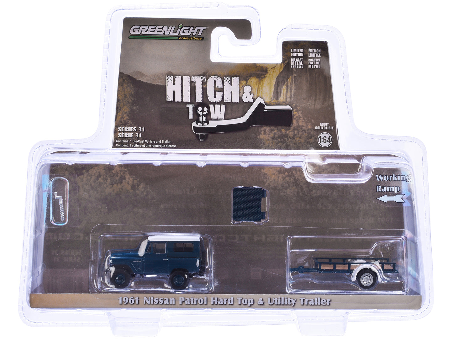 1961 Nissan Patrol Blue with White Top and Utility Trailer "Hitch & Tow Series" 31 1/64 Diecast Model Car by Greenlight