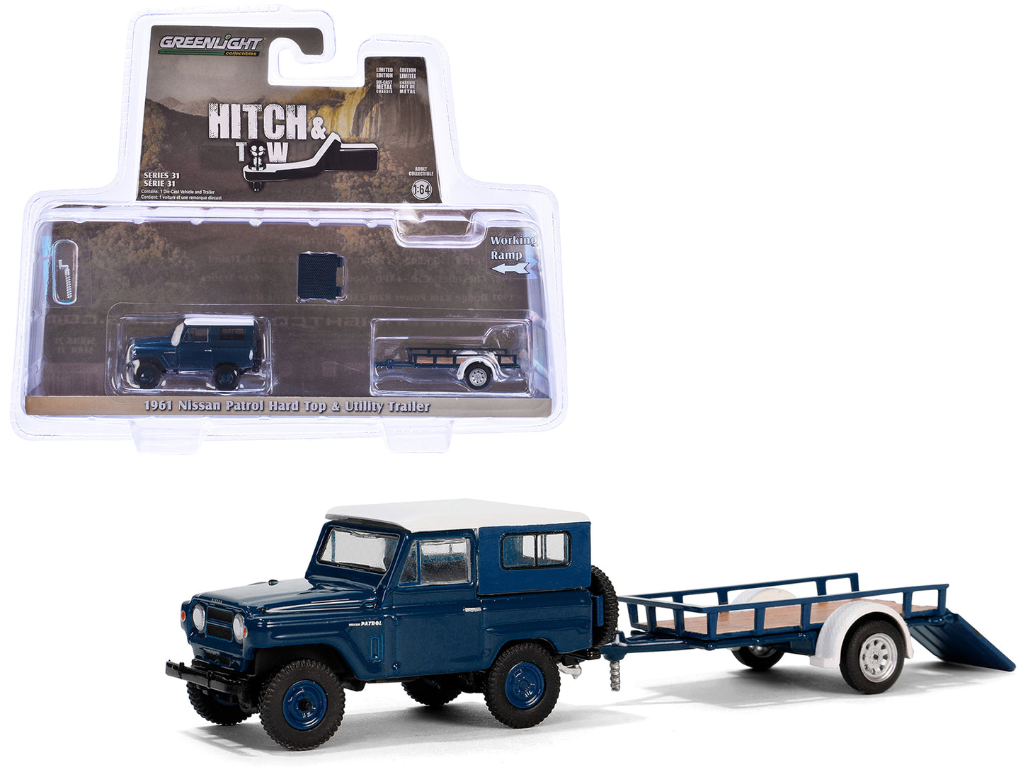 1961 Nissan Patrol Blue with White Top and Utility Trailer "Hitch & Tow Series" 31 1/64 Diecast Model Car by Greenlight