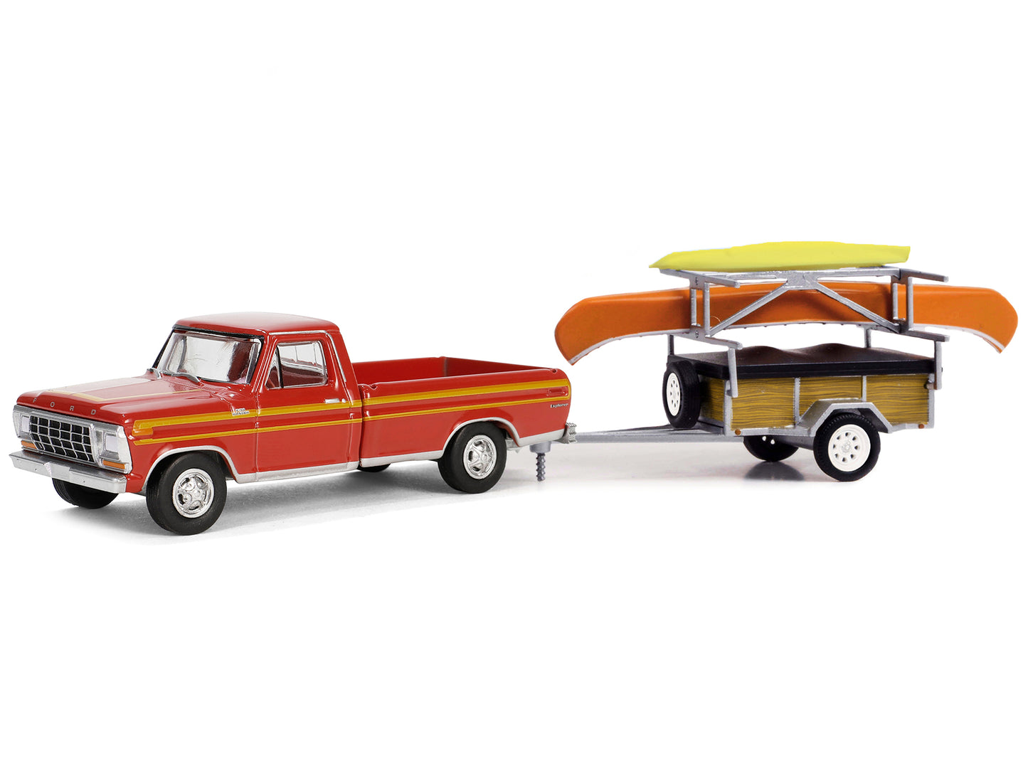 1978 Ford F-150 Ranger Explorer Pickup Truck Maroon with Orange Stripes with Canoe Trailer with Canoe Rack Canoe and Kayak "Hitch & Tow Series" 31 1/64 Diecast Model Car by Greenlight