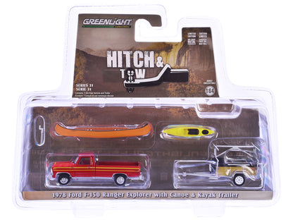 1978 Ford F-150 Ranger Explorer Pickup Truck Maroon with Orange Stripes with Canoe Trailer with Canoe Rack Canoe and Kayak "Hitch & Tow Series" 31 1/64 Diecast Model Car by Greenlight