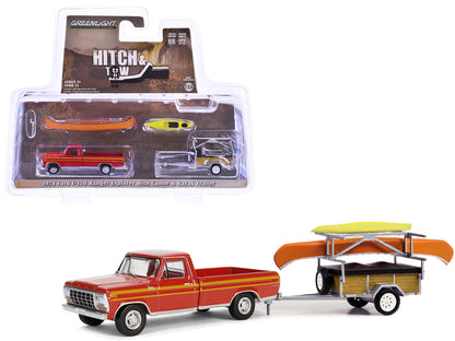 1978 Ford F-150 Ranger Explorer Pickup Truck Maroon with Orange Stripes with Canoe Trailer with Canoe Rack Canoe and Kayak "Hitch & Tow Series" 31 1/64 Diecast Model Car by Greenlight