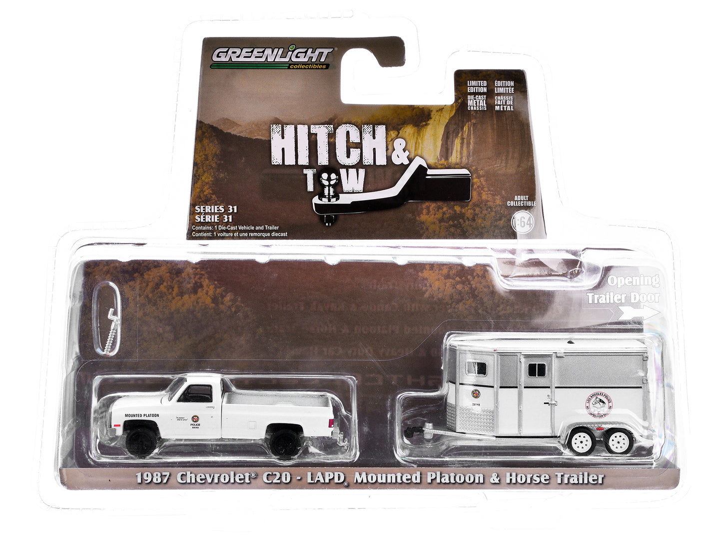 1987 Chevrolet C20 Pickup Truck White "LAPD (Los Angeles Police Department) Search & Rescue Mounted Platoon" with Horse Trailer "Hitch & Tow Series" 31 1/64 Diecast Model Car by Greenlight