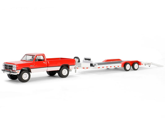 1991 Dodge Ram Power Ram 250 Pickup Truck Red and White with Heavy Duty Car Hauler "Hitch & Tow Series" 31 1/64 Diecast Model Car by Greenlight