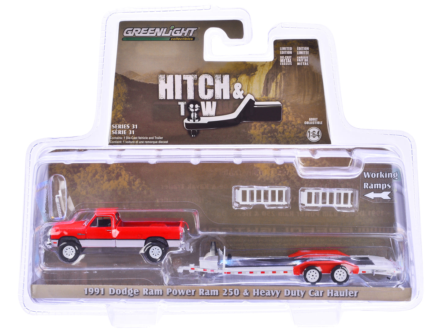 1991 Dodge Ram Power Ram 250 Pickup Truck Red and White with Heavy Duty Car Hauler "Hitch & Tow Series" 31 1/64 Diecast Model Car by Greenlight