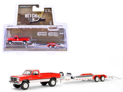 1991 Dodge Ram Power Ram 250 Pickup Truck Red and White with Heavy Duty Car Hauler "Hitch & Tow Series" 31 1/64 Diecast Model Car by Greenlight