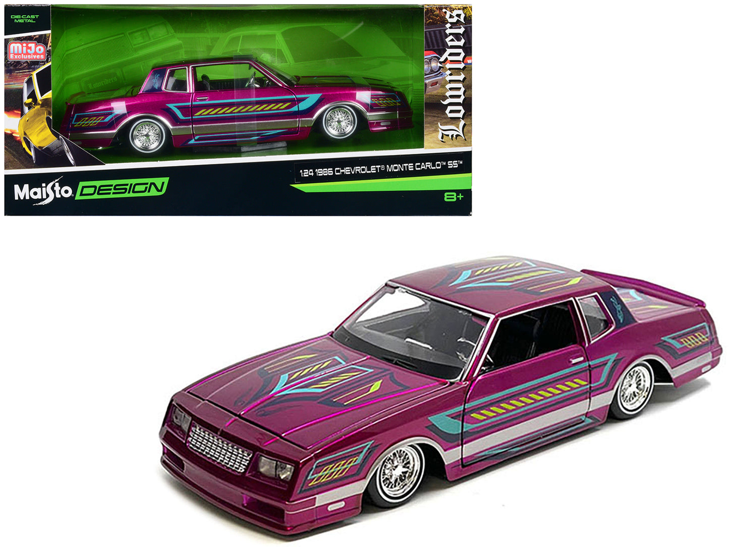 1986 Chevrolet Monte Carlo SS Lowrider Pink Metallic with Graphics "Lowriders" Series 1/24 Diecast Model Car by Maisto