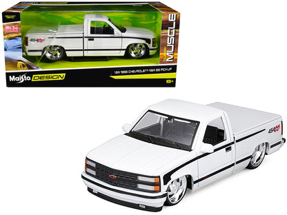 1993 Chevrolet 454 SS Pickup Truck White with Black Stripes "Lowriders" "Maisto Design" Series 1/24 Diecast Model Car by Maisto