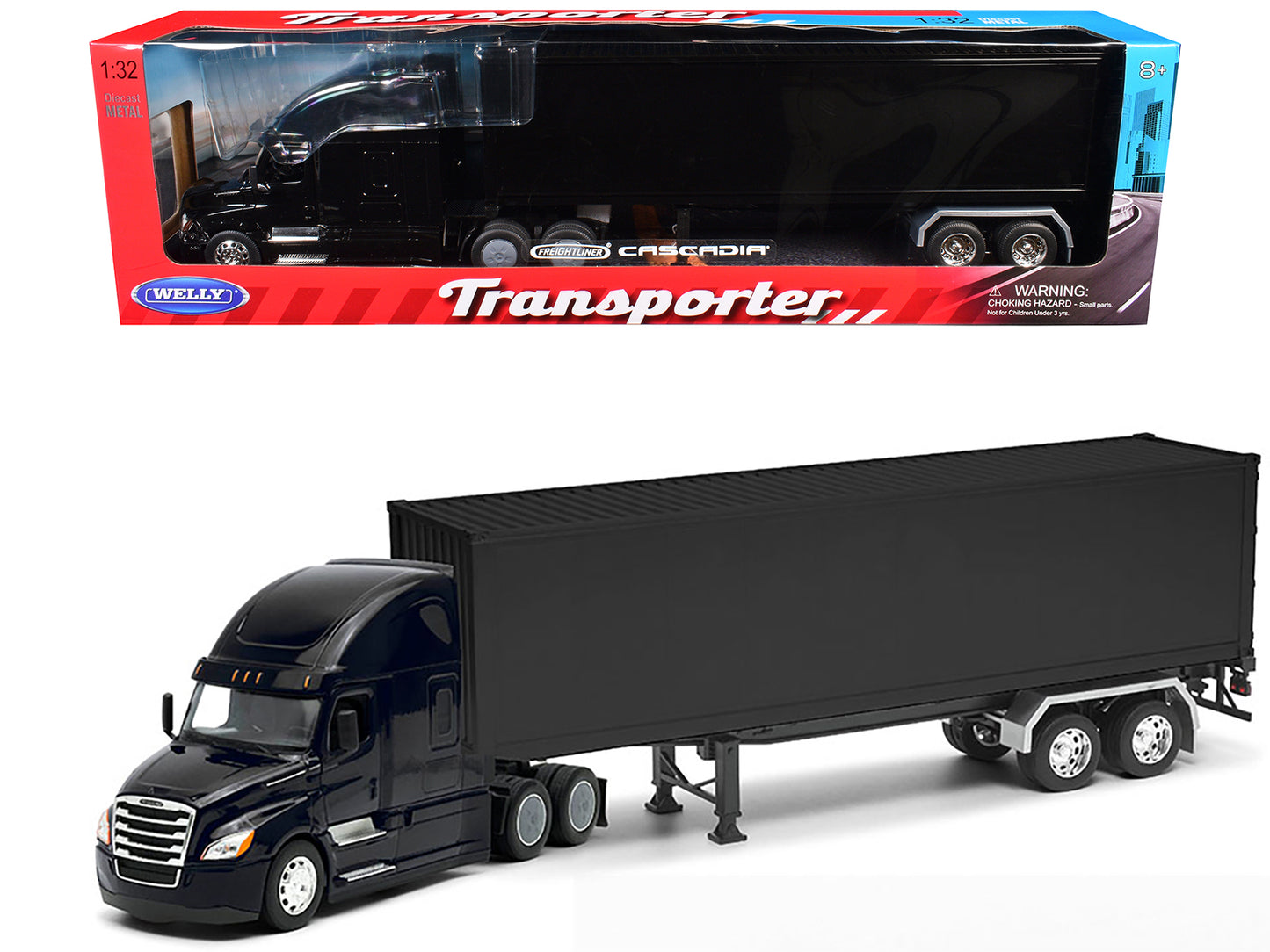 Freightliner Cascadia Truck Black with Plain Black Box Trailer 1/32 Diecast Model by Welly