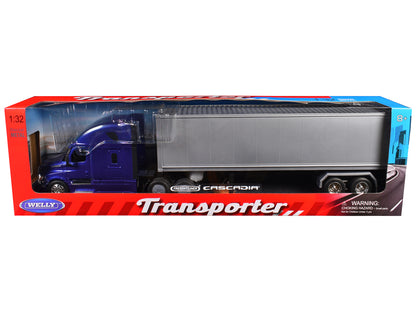 Freightliner Cascadia Truck Blue Metallic with Gray Container "Transporter" Series 1/32 Diecast Model by Welly