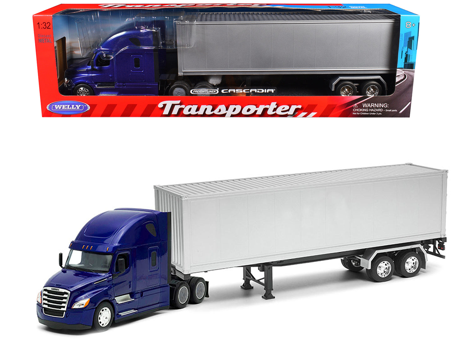 Freightliner Cascadia Truck Blue Metallic with Gray Container "Transporter" Series 1/32 Diecast Model by Welly