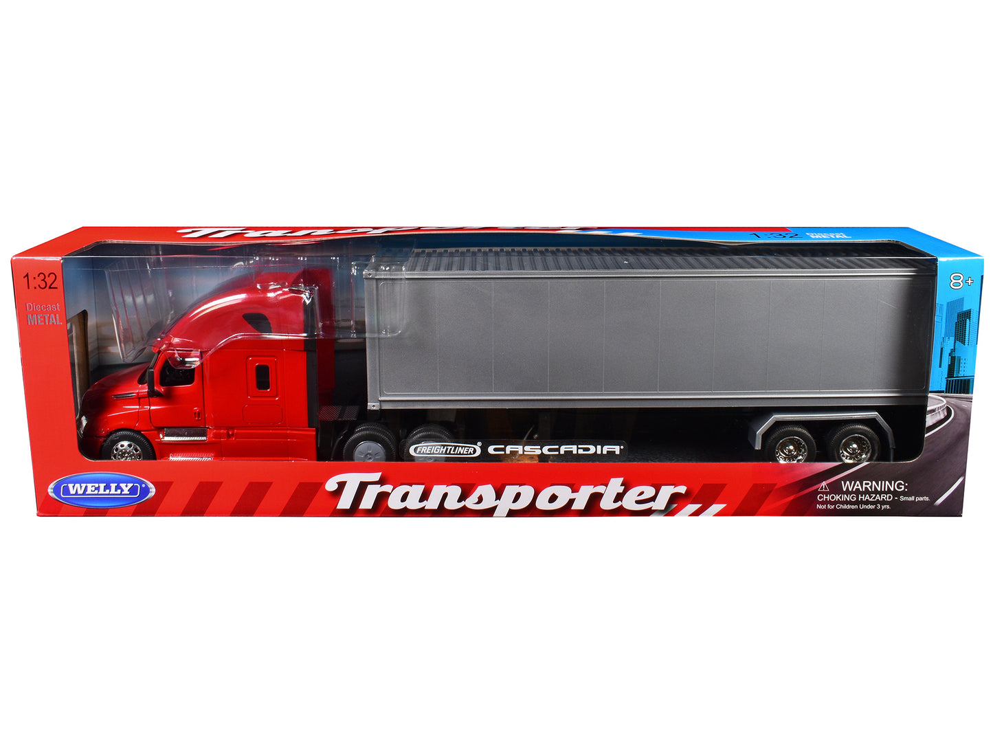 Freightliner Cascadia Truck Red with Gray Container "Transporter" Series 1/32 Diecast Model by Welly