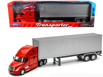 Freightliner Cascadia Truck Red with Gray Container "Transporter" Series 1/32 Diecast Model by Welly