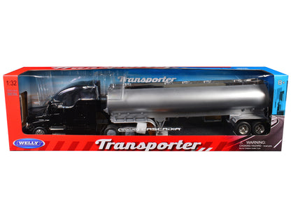 Freightliner Cascadia Truck Black with Silver Tanker Trailer "Transporter" Series 1/32 Diecast Model by Welly