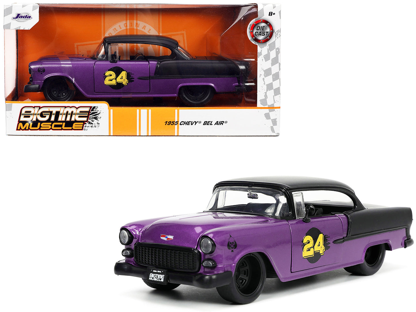 1955 Chevrolet Bel Air #24 Purple Metallic and Matt Black "Bigtime Muscle" Series 1/24 Diecast Model Car by Jada