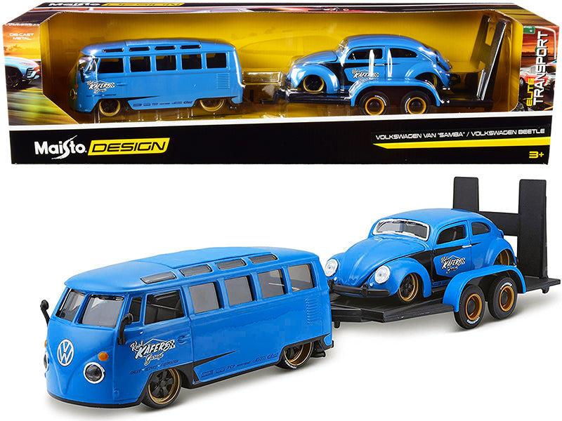 Volkswagen Van Samba with Volkswagen Beetle and Flatbed Trailer Blue "Kool Kafers" Set of 3 pieces "Elite Transport" Series 1/24 Diecast Model Cars by Maisto