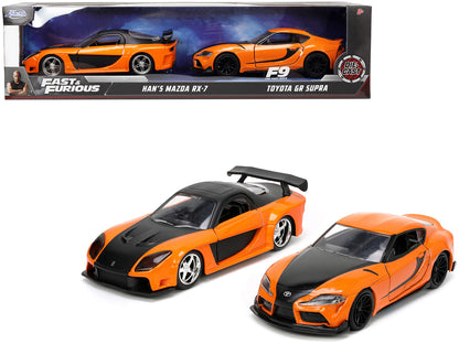 Han's Mazda RX-7 Orange Metallic and Matt Black and Toyota GR Supra Orange Metallic with Black Hood Set of 2 pieces "Fast & Furious" Series 1/32 Diecast Model Cars by Jada