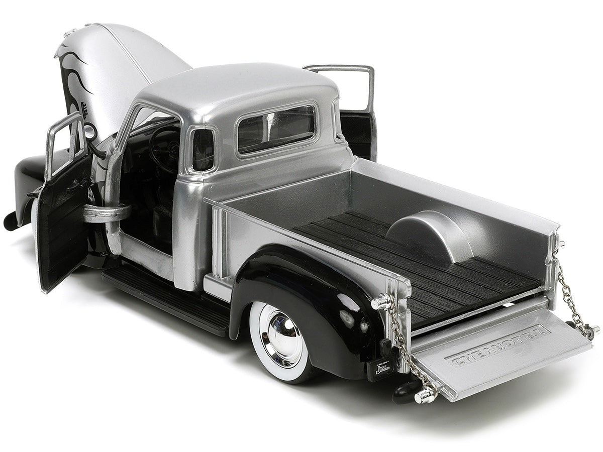 1953 Chevrolet 3100 Pickup Truck Silver Metallic with Black Flames with Extra Wheels "Just Trucks" Series 1/24 Diecast Model Car by Jada