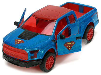 2017 Ford F-150 Raptor Pickup Truck Blue Metallic and Red with Red Interior and Superman Diecast Figure "DC's Superman" "Hollywood Rides" Series 1/32 Diecast Model Car by Jada