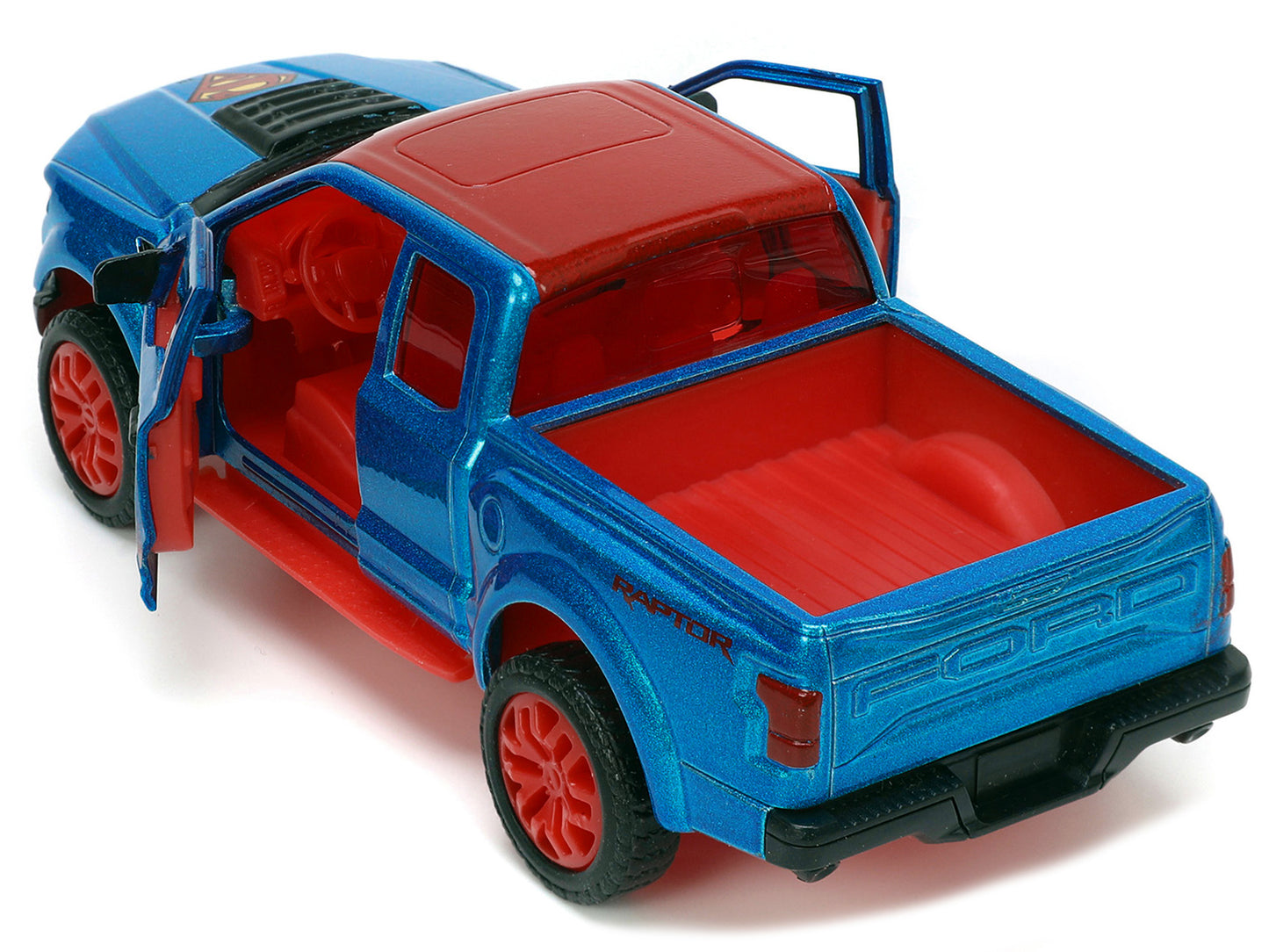 2017 Ford F-150 Raptor Pickup Truck Blue Metallic and Red with Red Interior and Superman Diecast Figure "DC's Superman" "Hollywood Rides" Series 1/32 Diecast Model Car by Jada