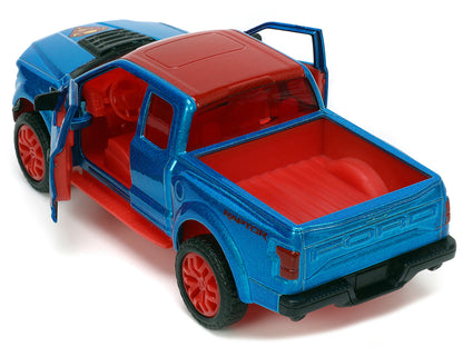 2017 Ford F-150 Raptor Pickup Truck Blue Metallic and Red with Red Interior and Superman Diecast Figure "DC's Superman" "Hollywood Rides" Series 1/32 Diecast Model Car by Jada