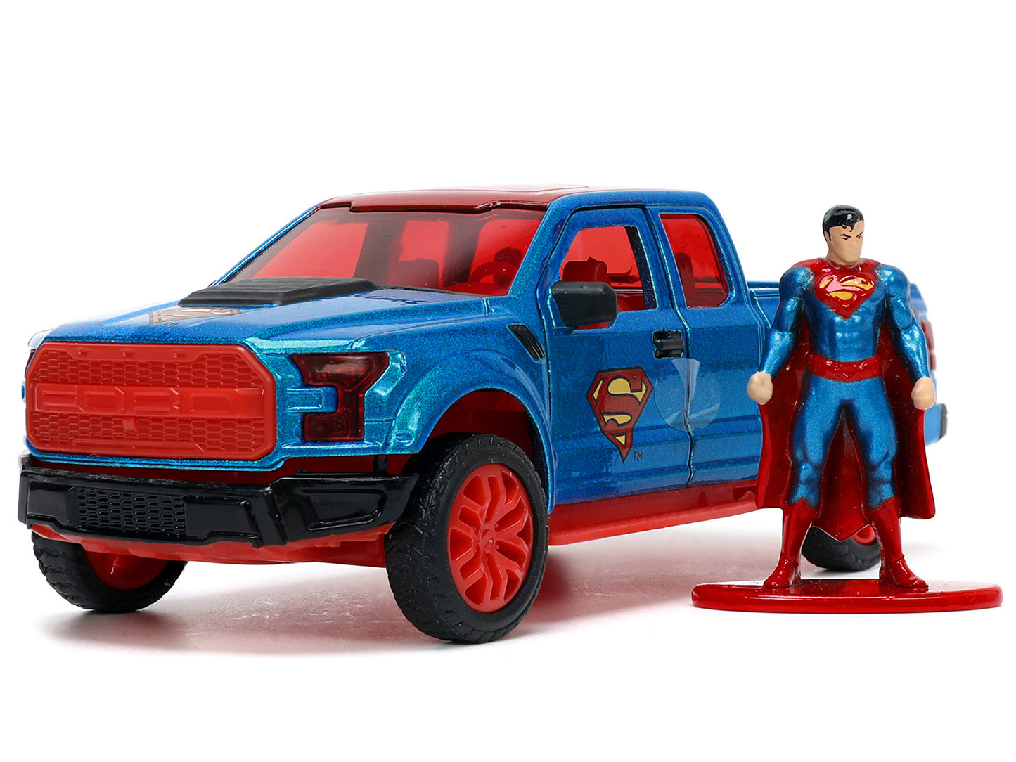 2017 Ford F-150 Raptor Pickup Truck Blue Metallic and Red with Red Interior and Superman Diecast Figure "DC's Superman" "Hollywood Rides" Series 1/32 Diecast Model Car by Jada