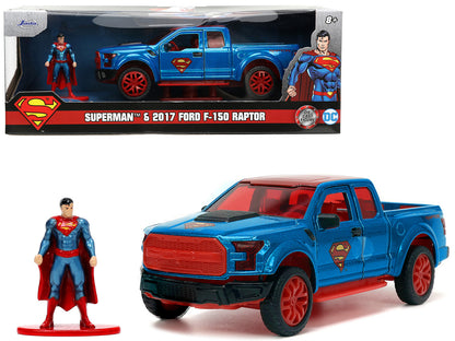 2017 Ford F-150 Raptor Pickup Truck Blue Metallic and Red with Red Interior and Superman Diecast Figure "DC's Superman" "Hollywood Rides" Series 1/32 Diecast Model Car by Jada