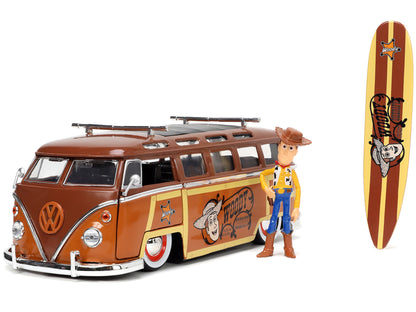 Volkswagen T1 Bus Brown with Graphics "Sheriff Woody" and Woody Diecast Figure and Surfboard "Toy Story" (1995) Movie "Hollywood Rides" Series 1/24 Diecast Model Car by Jada