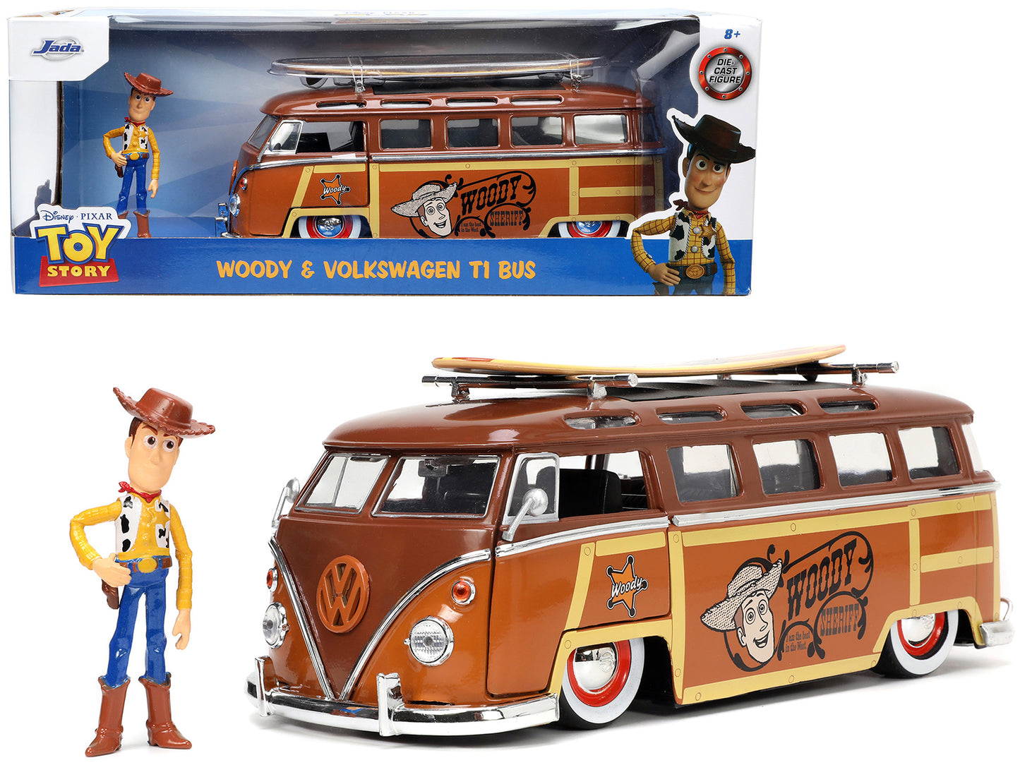 Volkswagen T1 Bus Brown with Graphics "Sheriff Woody" and Woody Diecast Figure and Surfboard "Toy Story" (1995) Movie "Hollywood Rides" Series 1/24 Diecast Model Car by Jada