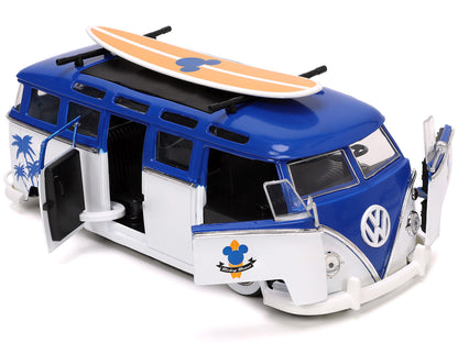 Volkswagen T1 Bus Blue and White with Graphics "Nostalgic Islands Ride the Wave" and Mickey Mouse Diecast Figure and Surfboard "Disney's Mickey and Friends" "Hollywood Rides" Series 1/24 Diecast Model Car by Jada