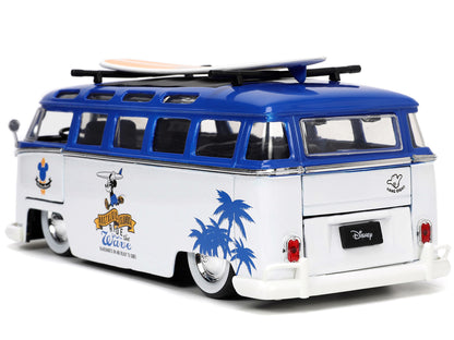 Volkswagen T1 Bus Blue and White with Graphics "Nostalgic Islands Ride the Wave" and Mickey Mouse Diecast Figure and Surfboard "Disney's Mickey and Friends" "Hollywood Rides" Series 1/24 Diecast Model Car by Jada