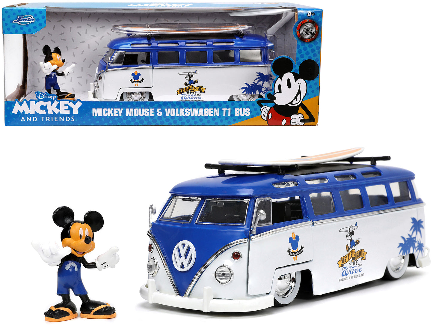 Volkswagen T1 Bus Blue and White with Graphics "Nostalgic Islands Ride the Wave" and Mickey Mouse Diecast Figure and Surfboard "Disney's Mickey and Friends" "Hollywood Rides" Series 1/24 Diecast Model Car by Jada